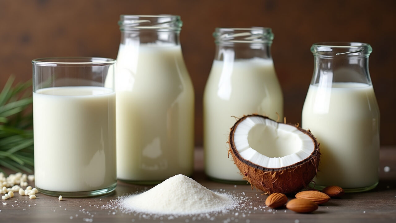 Different types of milk (cow, almond, coconut) next to kefir grains, rustic background, natural Tipos de leite para kefir caseiro.