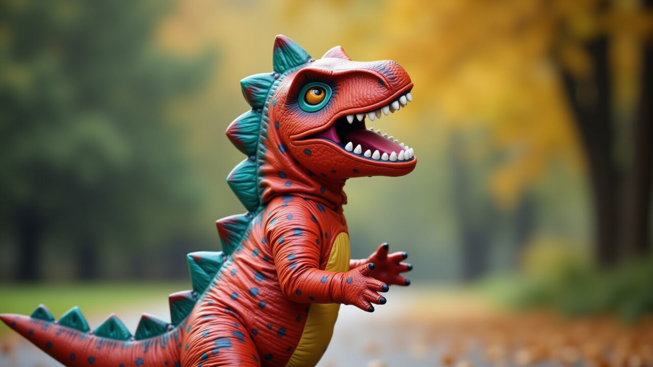 Dinosaur costume, colorful scales, playful roar, Halloween fun, natural setting, 8K, professional Dinossauro divertido com escamas coloridas no Halloween.