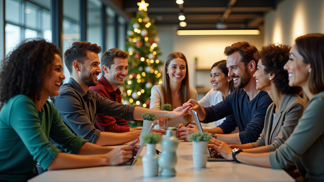 Diverse coworkers exchanging Christmas wishes in a modern Brazilian office, festive decorations, Colegas de trabalho trocando votos de Feliz Natal em escritório.