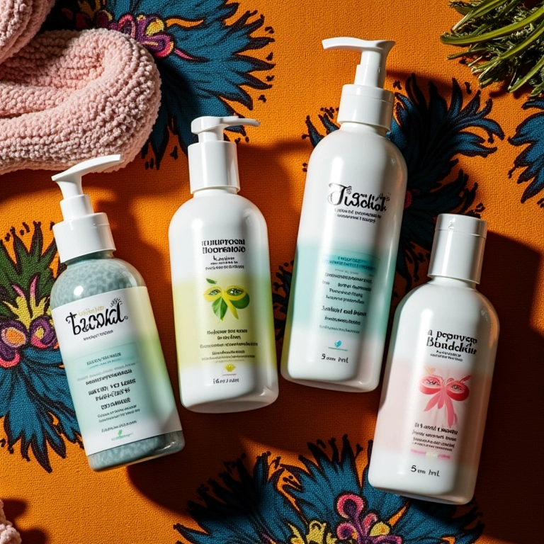 Diversos shampoos sem sulfato em composição flat lay.