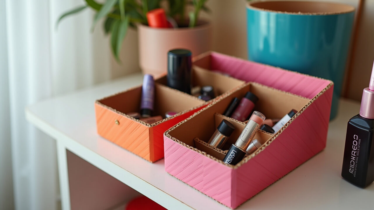 DIY makeup organizer from recycled cardboard boxes, vibrant colors, natural light, lifestyle Organizador de maquiagem DIY feito com caixas de papelão recicladas.