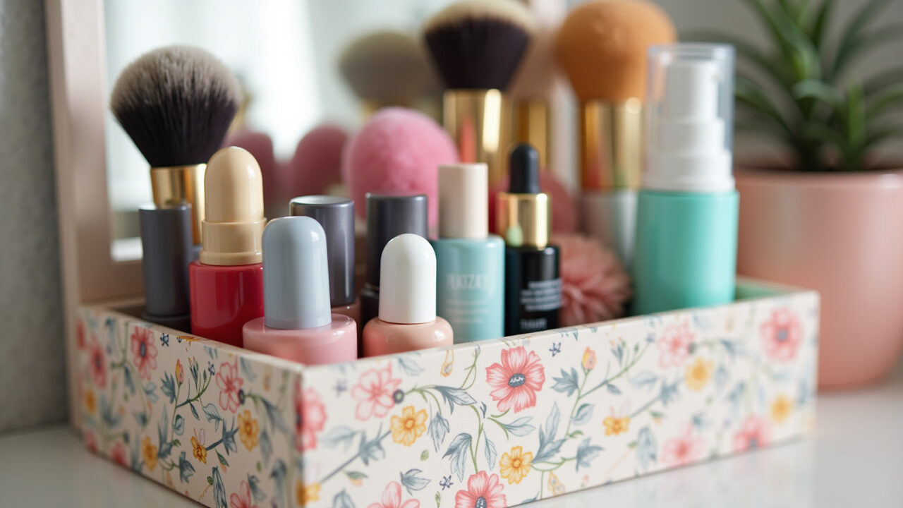 DIY makeup organizer, pastel colors, floral patterns, brazilian style, 8k, sharp focus, natural Organizador de maquiagem DIY com cores e estampas vibrantes.