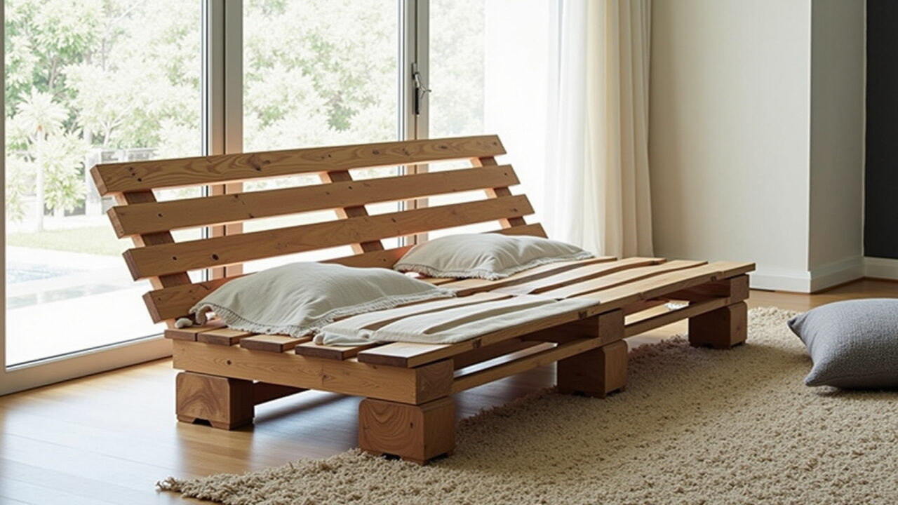 DIY pallet sofa with inclined back, bright living room, Brazilian design, natural light, lifestyle Sofá de paletes DIY com encosto inclinado e almofadas coloridas.