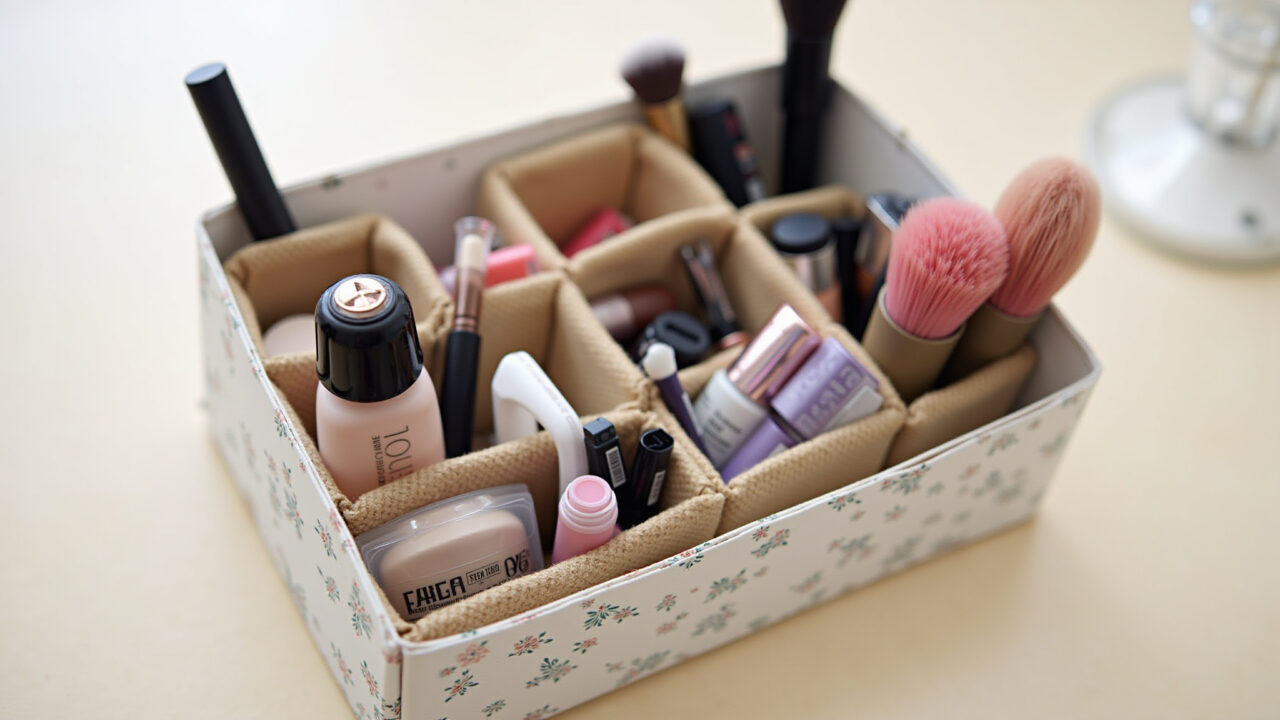 DIY recycled makeup organizer tutorial on YouTube, Pinterest, lifestyle photography, 8k, sharp Tutoriais de organizadores de maquiagem reciclados online.