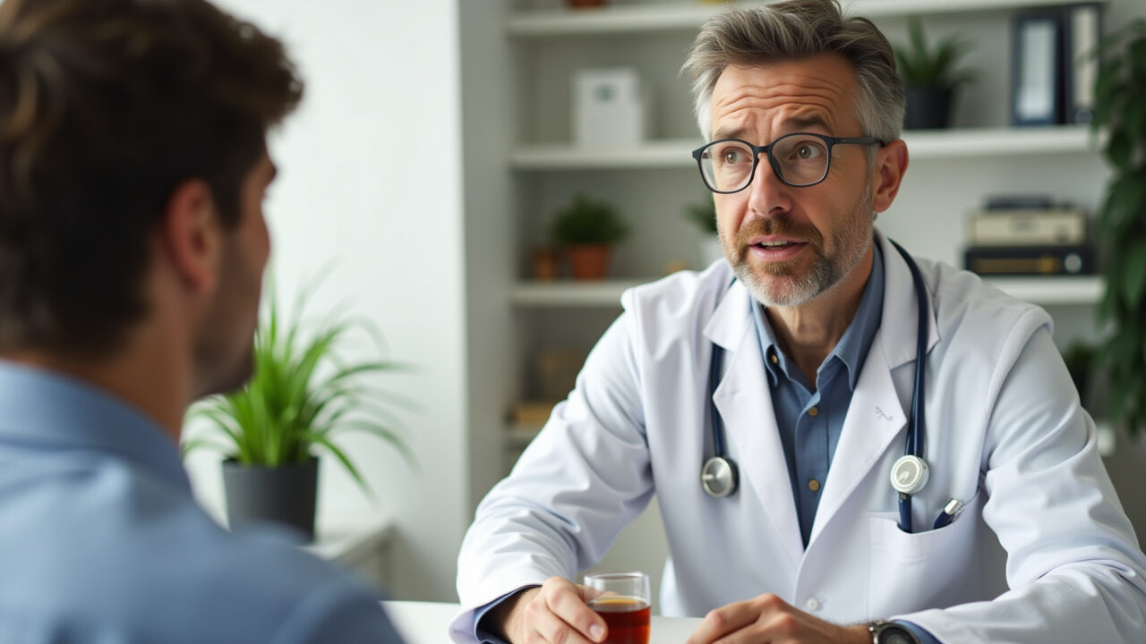 Doctor discussing medication interactions with papaya leaf tea, office setting, concerned Médico alertando sobre interações do chá com remédios.