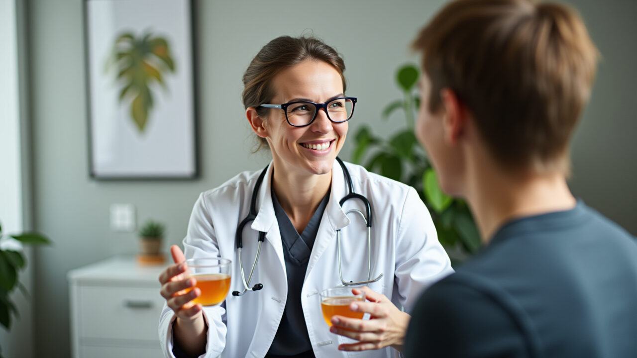 Doctor explaining benefits of papaya leaf tea, office setting, friendly expression, 8K, sharp Médico explicando sobre o chá de folha de mamão.