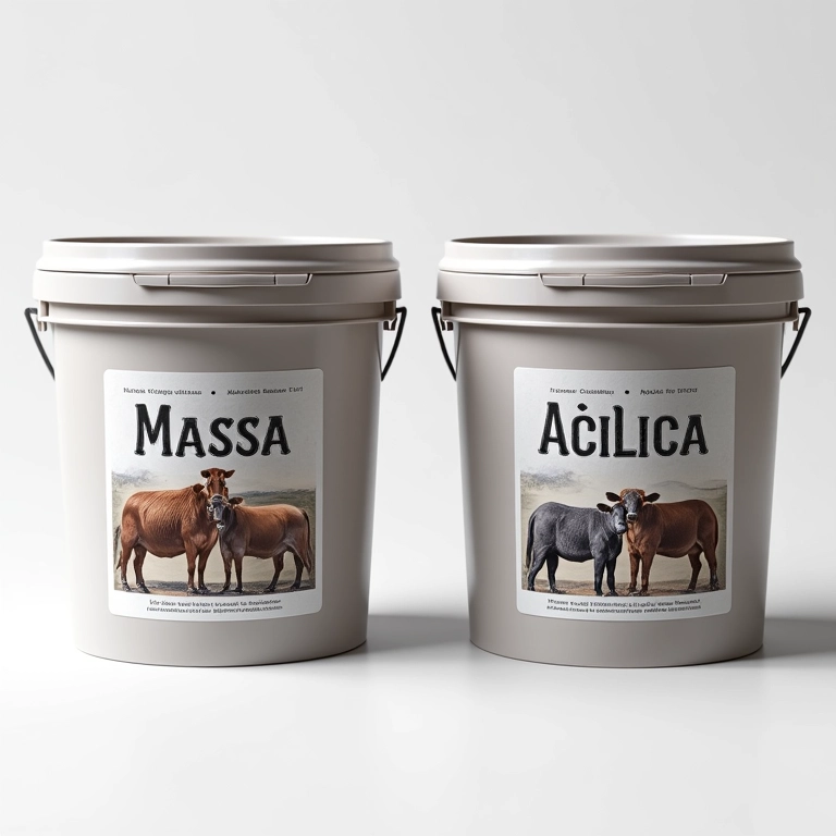 Dois baldes de massa: massa corrida e massa acrílica lado a lado.