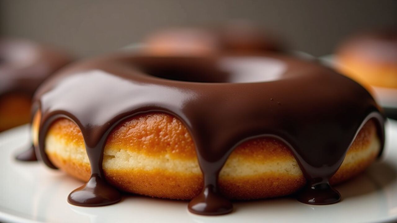 Donut filled with creamy chocolate, dripping, close-up, dark chocolate ganache, 8K, professional Donut recheado com chocolate cremoso.