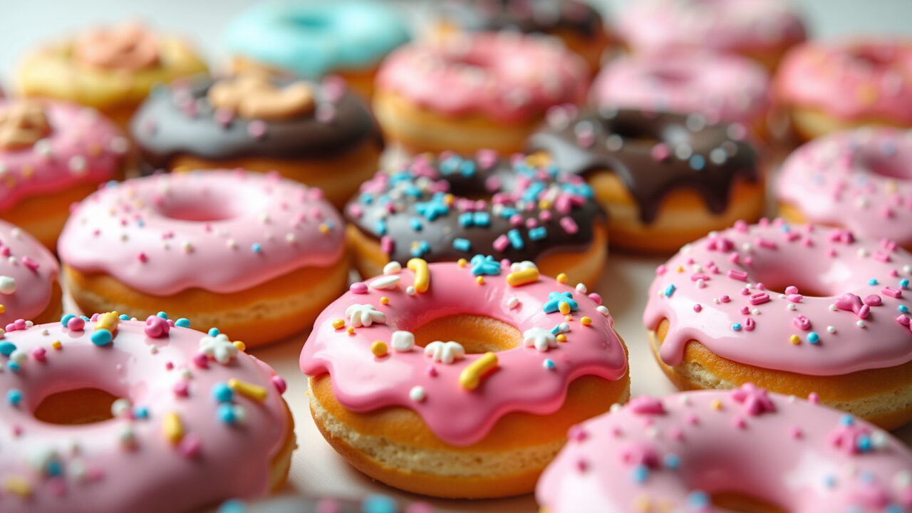 Donuts decorated with fondant, colorful, creative, fun shapes, 8K, professional photography, sharp Donuts decorados com pasta americana.