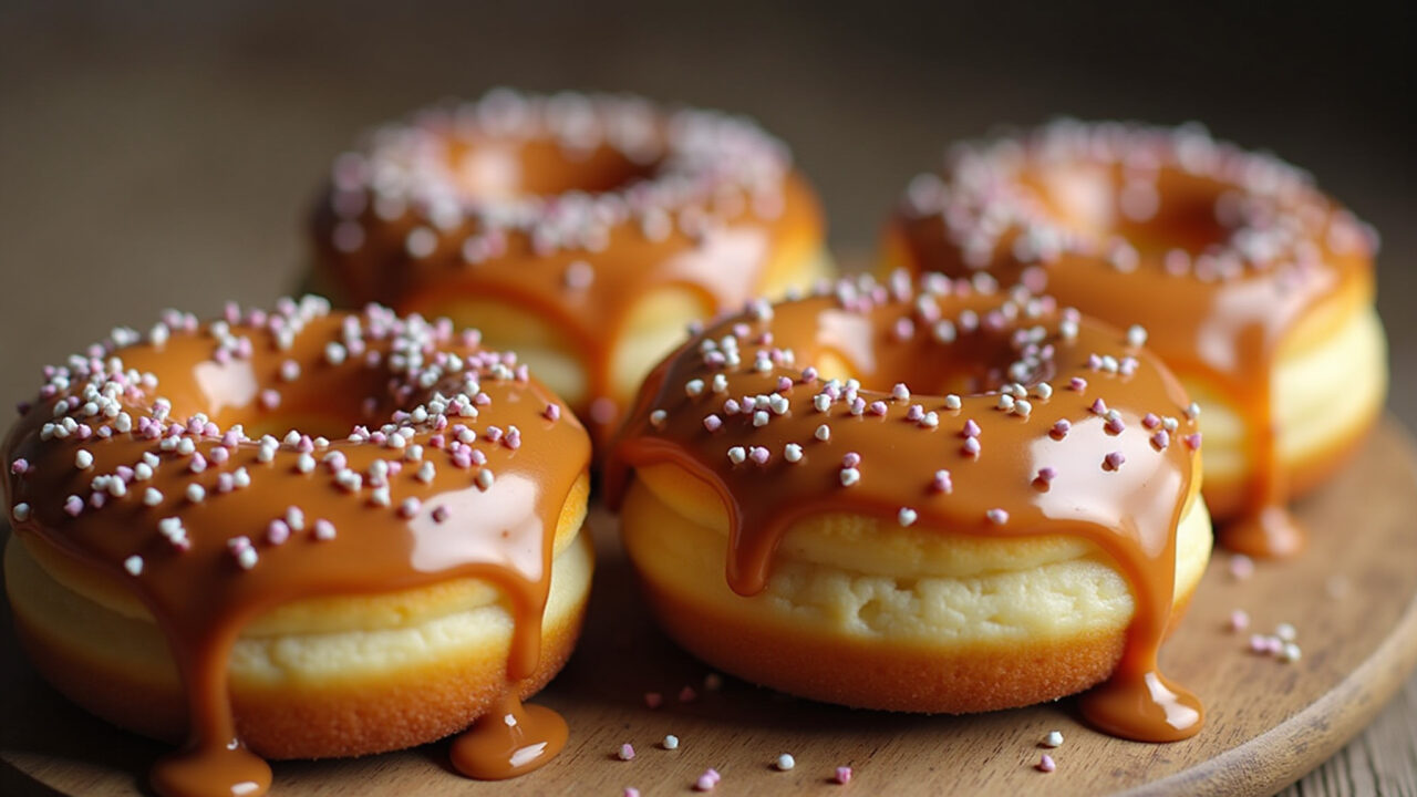 Donuts with dulce de leche topping, sprinkles, close-up, homemade, rustic setting, 8K, professional Donuts com cobertura de doce de leite caseiro.