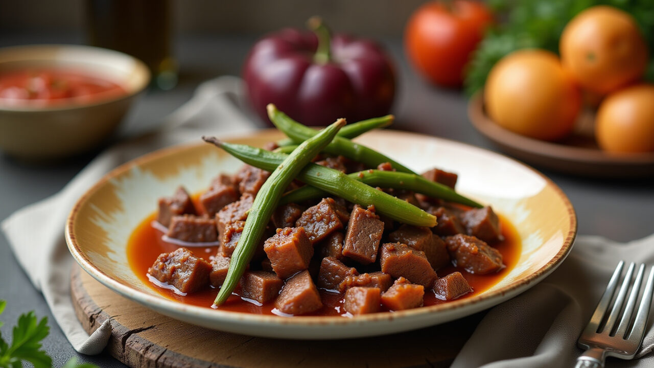 Dried beef with okra, traditional Brazilian dish, rustic table setting, vibrant colors, natural Carne seca com quiabo, combinação perfeita.
