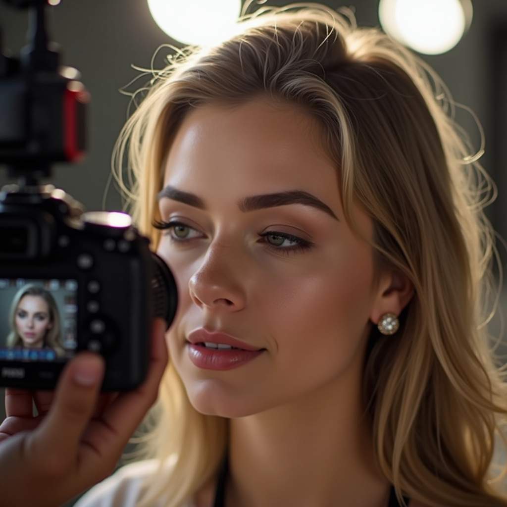 DSLR camera capturing makeup details, bright natural lighting, commercial photography, 8K quality, Câmera DSLR fotografando detalhes de maquiagem.