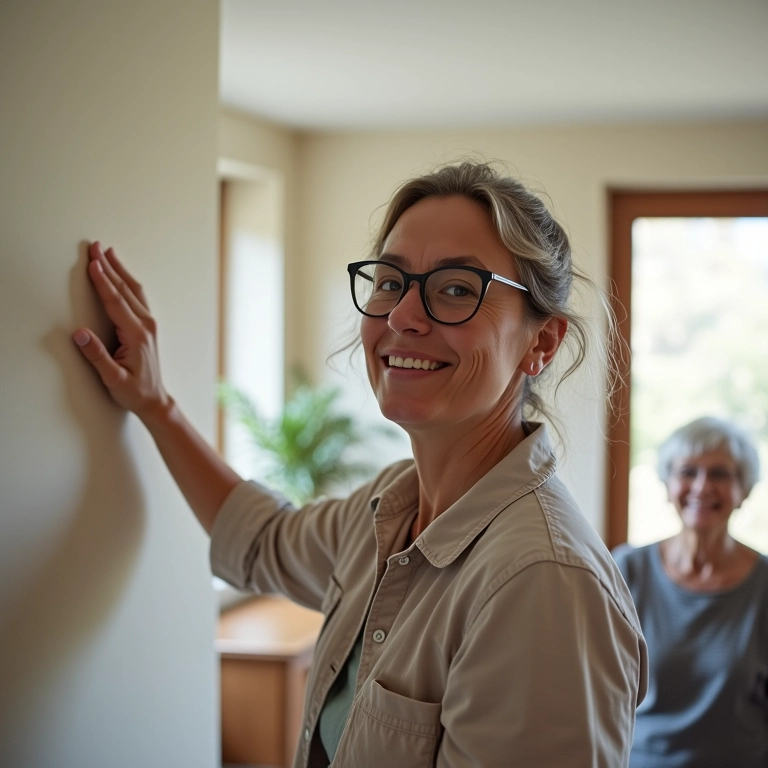 Duas mulheres analisando parede lisa após aplicação de massa corrida.