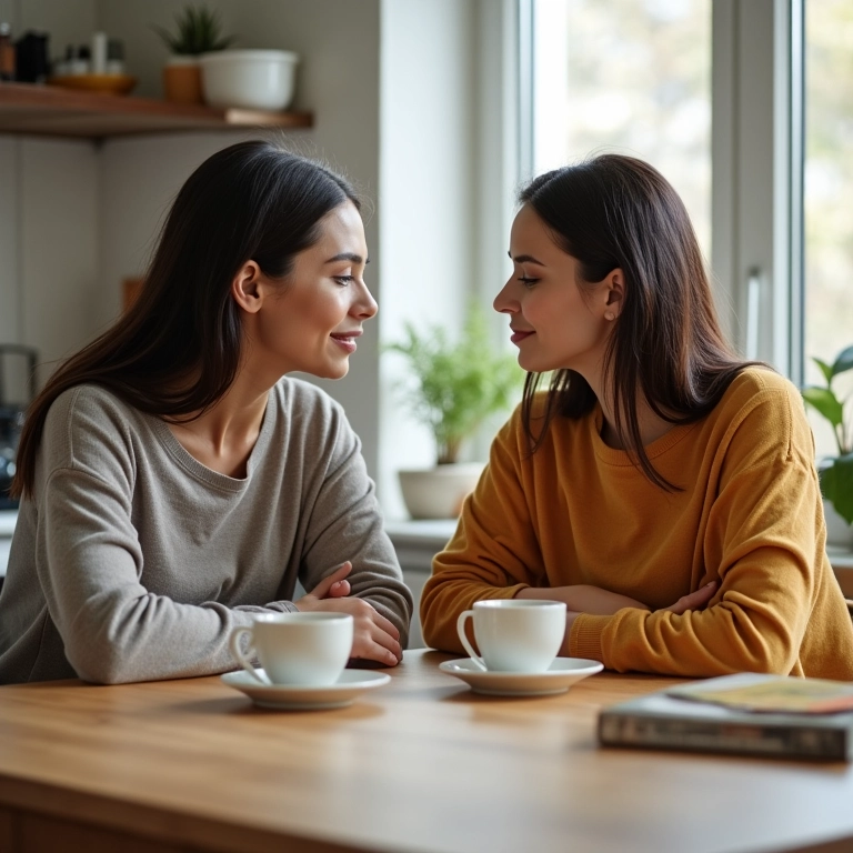 Duas mulheres conversando sobre tarefas parentais em uma mesa de cozinha.