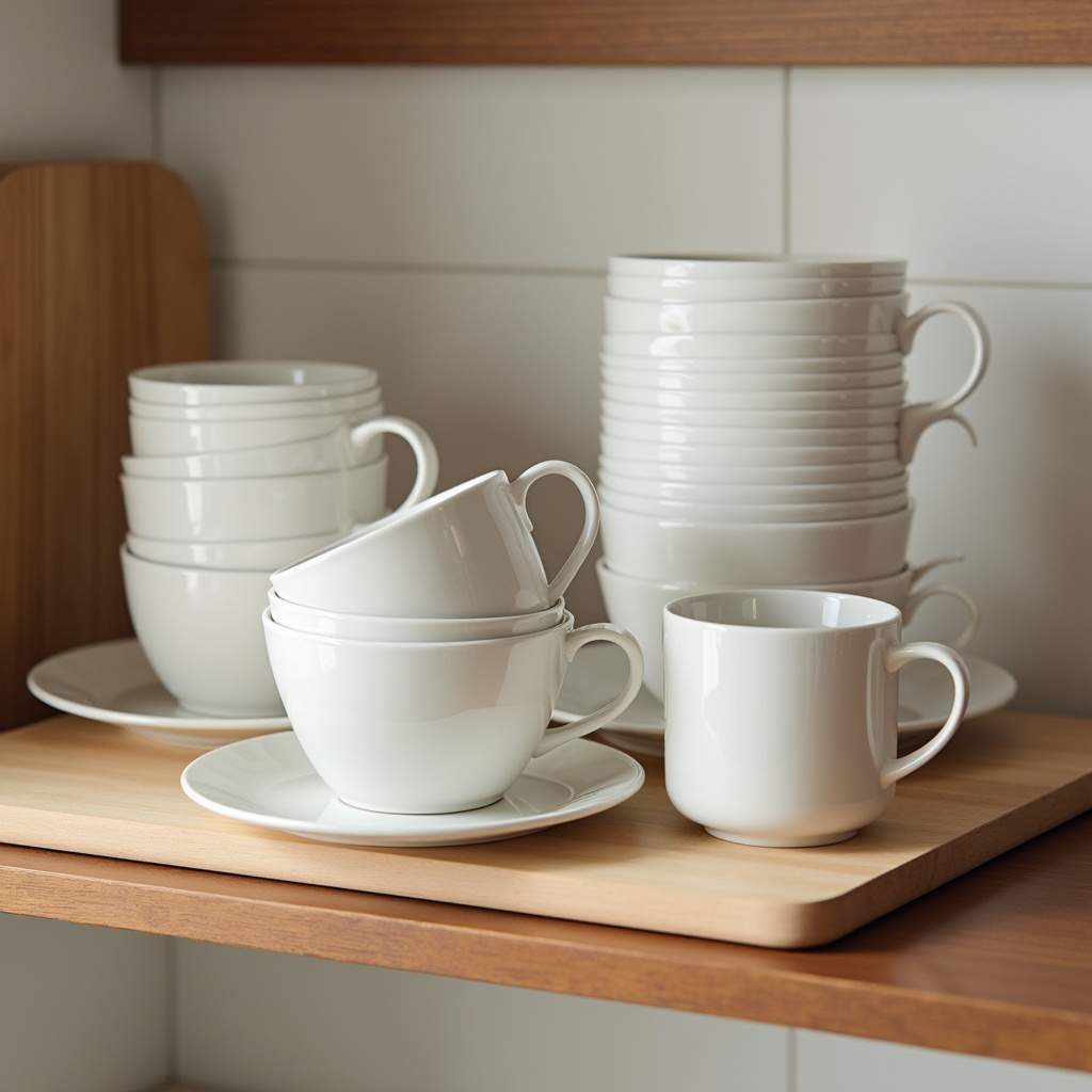 Easy access cups and saucers, kitchen organization, daily use, practical solutions, bright, Xícaras e pires de uso diário em local de fácil acesso.