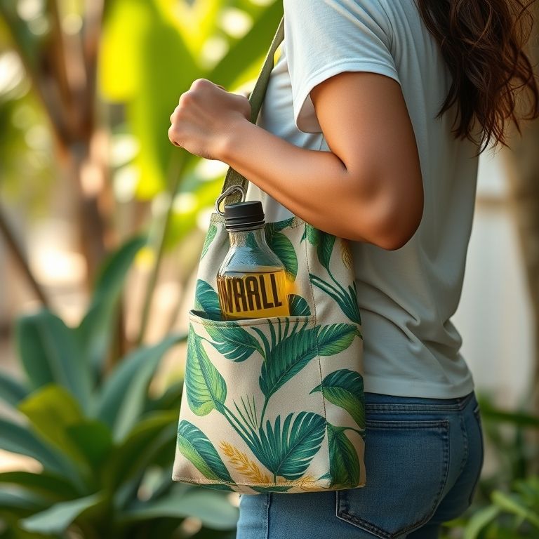 Ecobag com bolso externo contendo garrafa reutilizável.