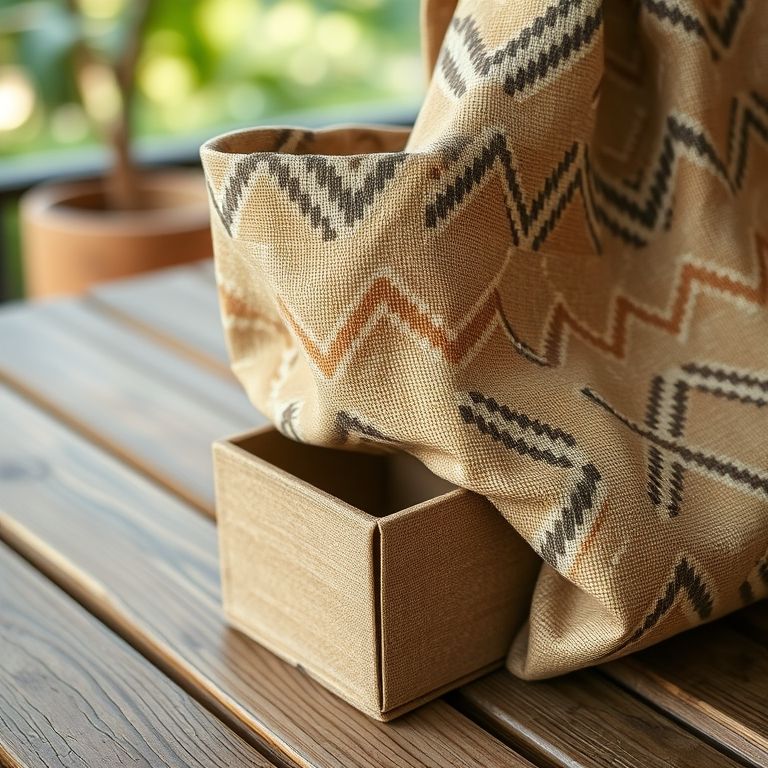 Ecobag estampada com fundo caixote sobre mesa de madeira.