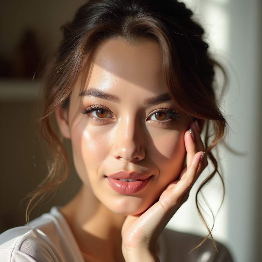 Edited makeup photo with filters, bright natural lighting, commercial photography, 8K quality, Foto de maquiagem editada com filtros.