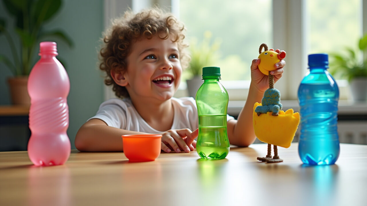 Brinquedos educativos de garrafa PET e EVA para crianças.