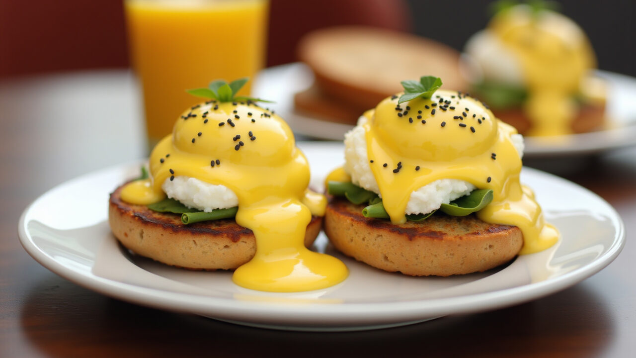 Eggs Benedict on English muffins with hollandaise sauce, side view, brunch setting, 8k, Ovos Benedict com molho holandês.