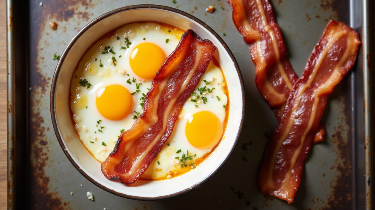 Eggs with bacon baked in the oven, crispy bacon, runny yolks, on a baking sheet, top view, 8k, Ovos com bacon assados no forno.