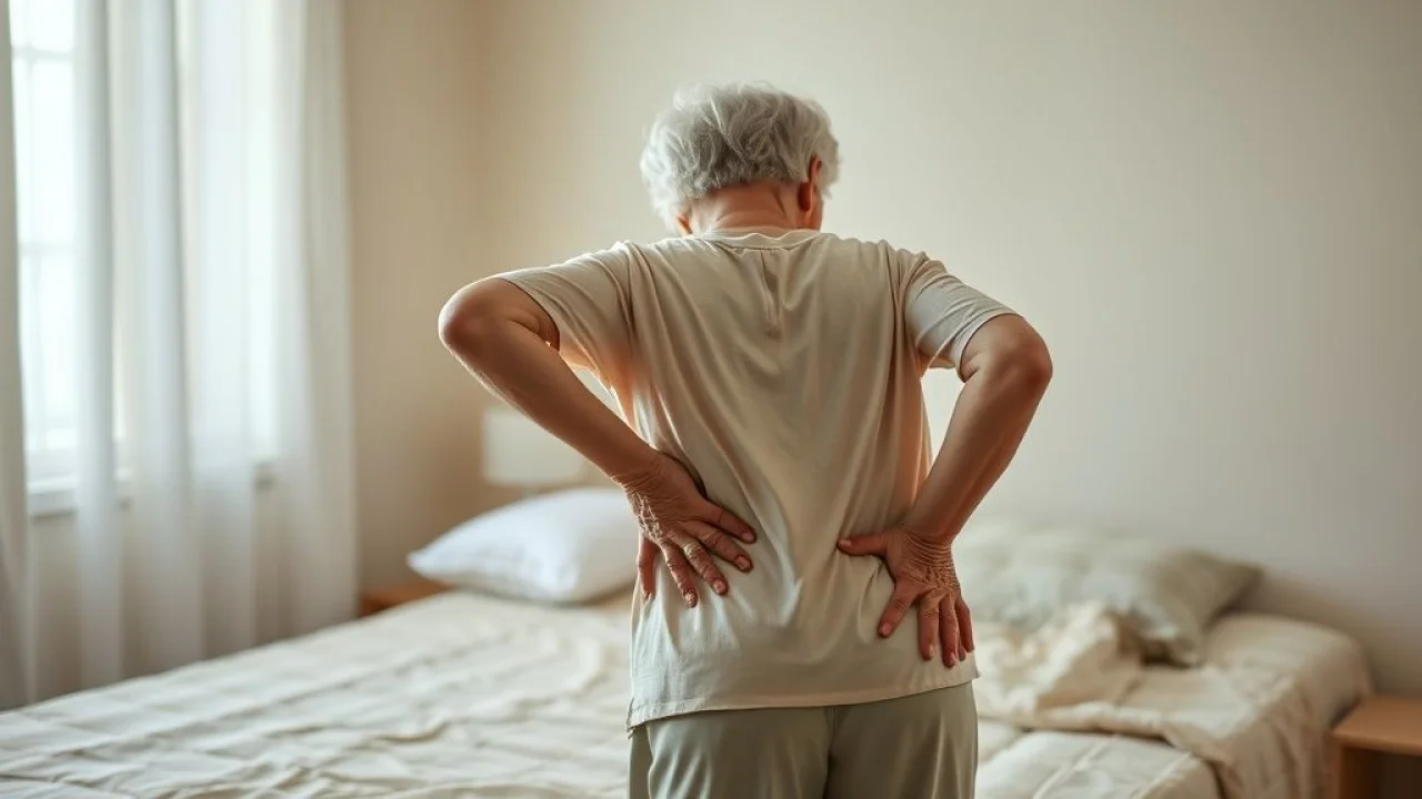 Idosa com dificuldade para levantar da cama baixa, demonstrando a importância da altura correta para a saúde.