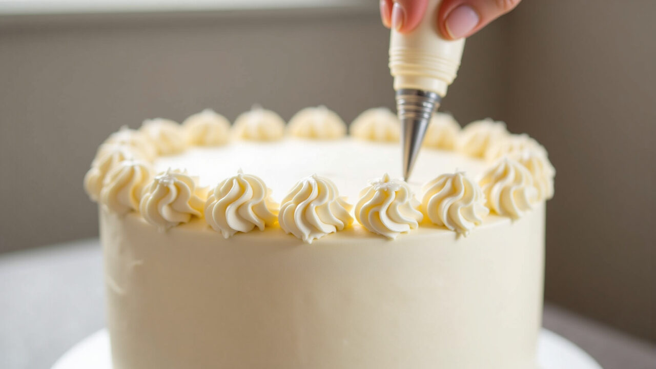 Elegant, 8K, professional photography of a chantilly cake with a 'ruffled' edge created with a Bolo de chantilly com bico babado.