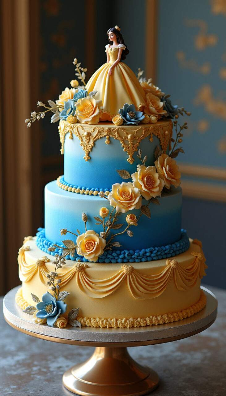 Elegant Beauty and the Beast cake, gold and royal blue, sugar flowers, smooth frosting, 8K quality, Bolo elegante com cobertura dourada e flores de açúcar para festa A Bela e a Fera.