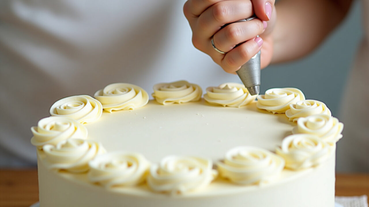 Elegant cake border decoration, piping bag, shell tip, sharp focus, 8K quality, natural lighting, Borda decorativa elegante em bolo com bico de confeitar.