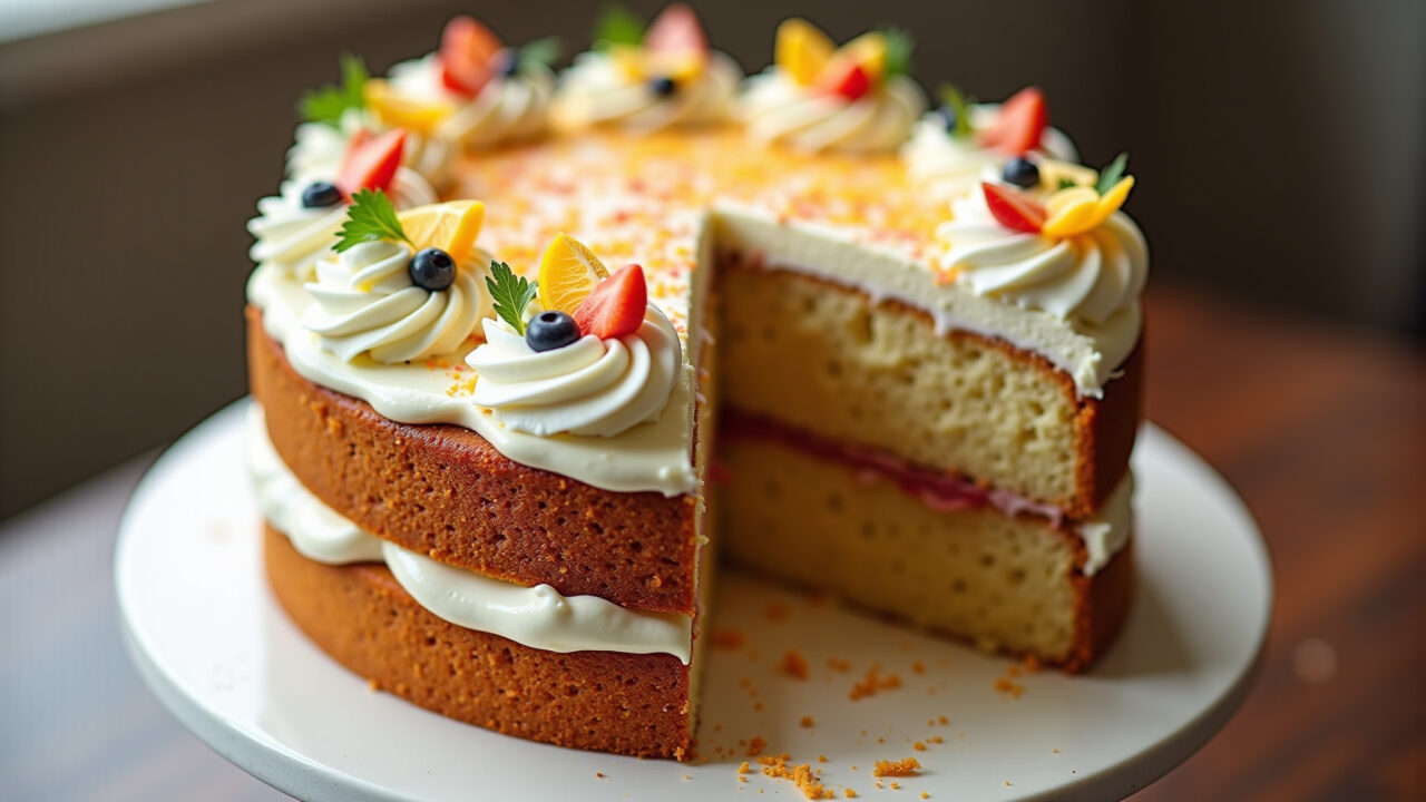 Elegant cake decorated with fluffy whipped cream, showcasing its essential role in cake decoration. Bolo elegante decorado com chantilly