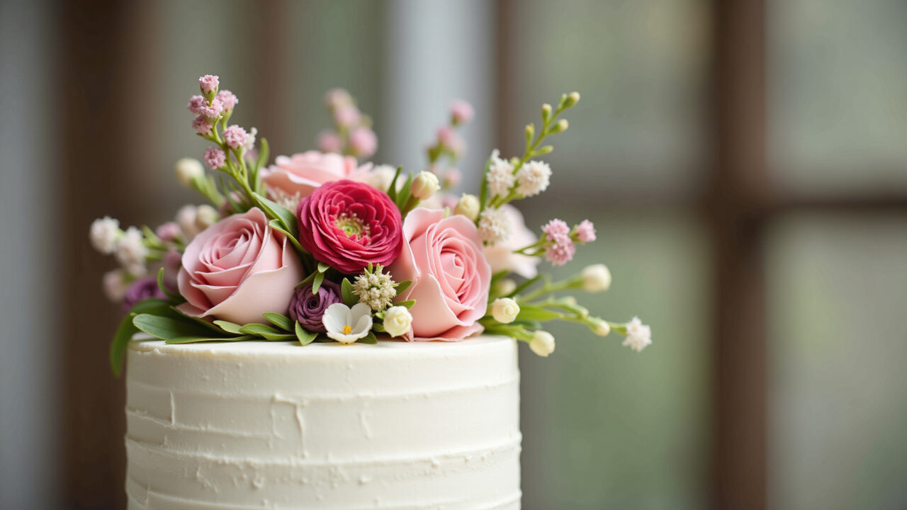 Elegant cake topper with natural flowers, sophisticated design, professional photography, 8K Topper de bolo elegante com flores naturais.