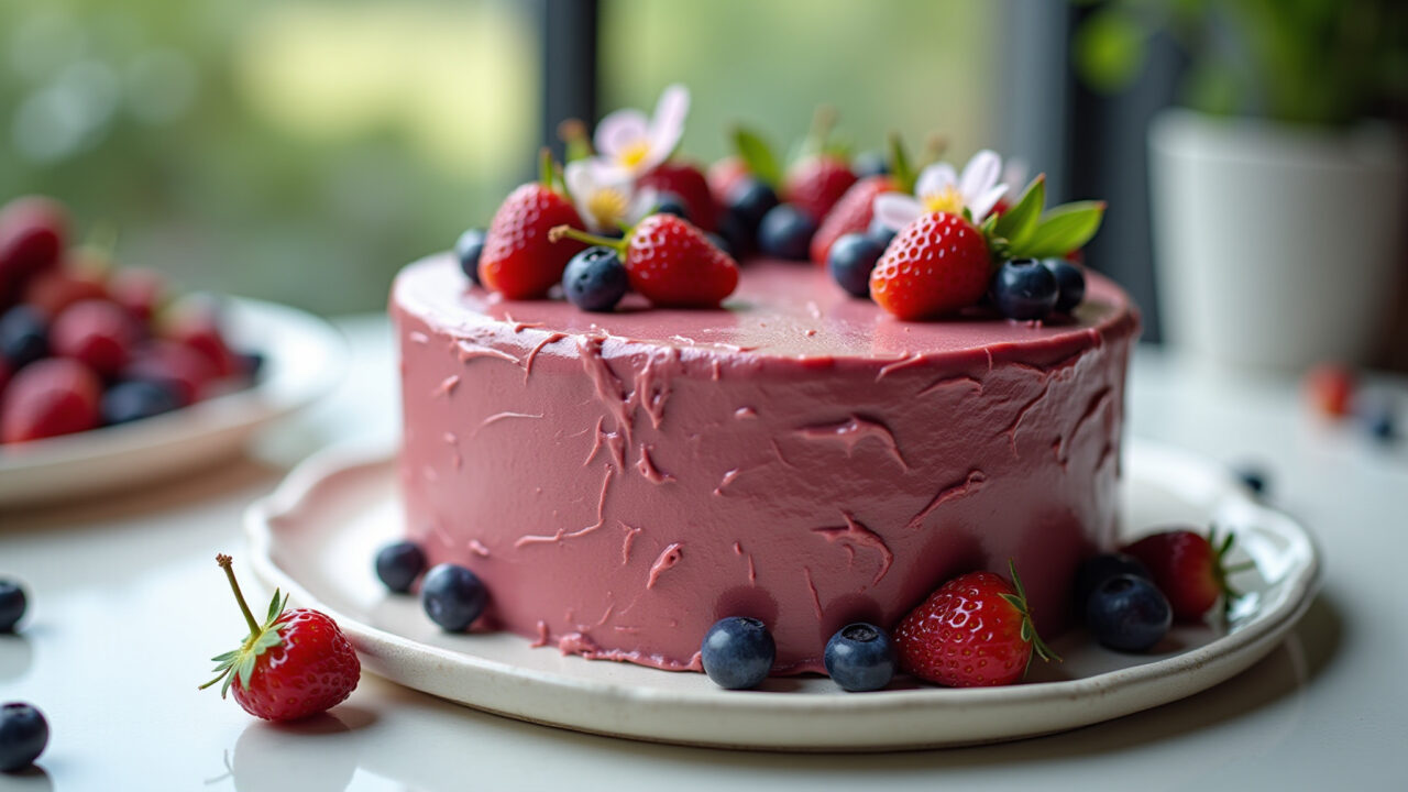Bolo elegante com cobertura de ganache e frutas