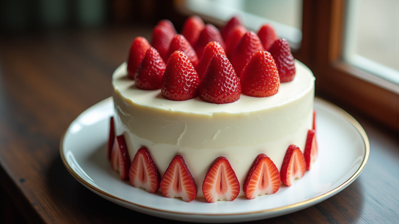 Elegant cake with strawberry and fresh cream filling, professional photography, 8K, sharp focus, Bolo elegante com recheio de morango e nata fresca.
