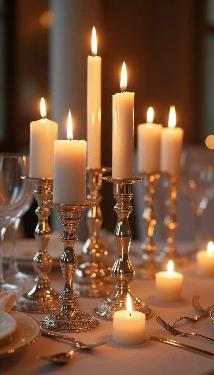 Elegant candles and candlesticks, silver and gold, romantic setting, party decor, 8K quality, Velas e castiçais dourados e prateados na decoração da festa.