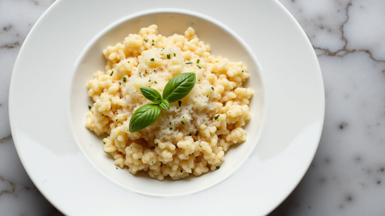 Elegant creamy rice dish with parmesan cheese, fresh herbs, served in a white bowl on a marble Arroz cremoso com queijo parmesão e ervas frescas.