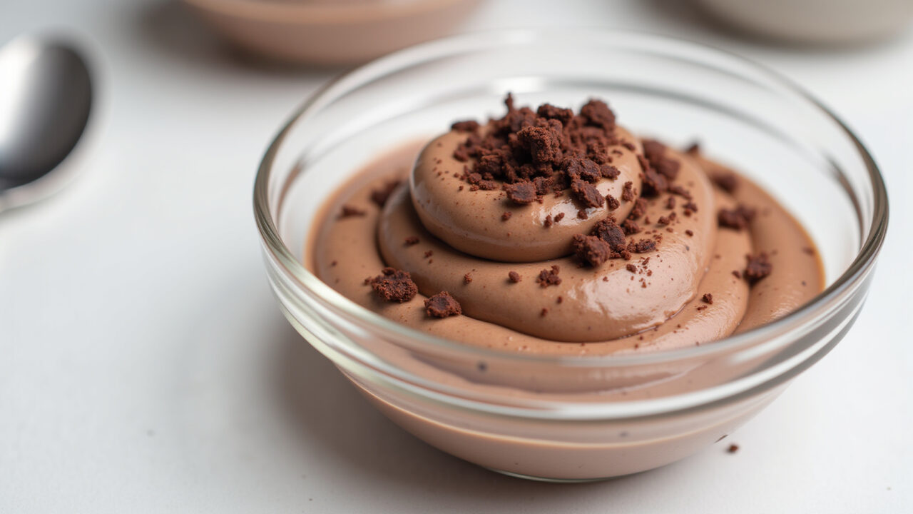 Elegant glass bowl filled with creamy Nutella mousse, topped with chocolate shavings. Professional Mousse de Nutella cremosa em taça elegante.