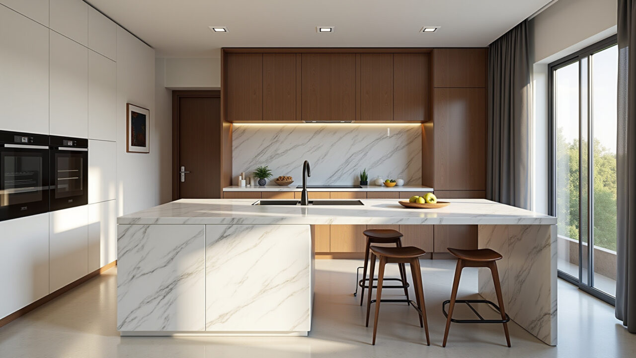 Bancada de mármore em cozinha elegante.