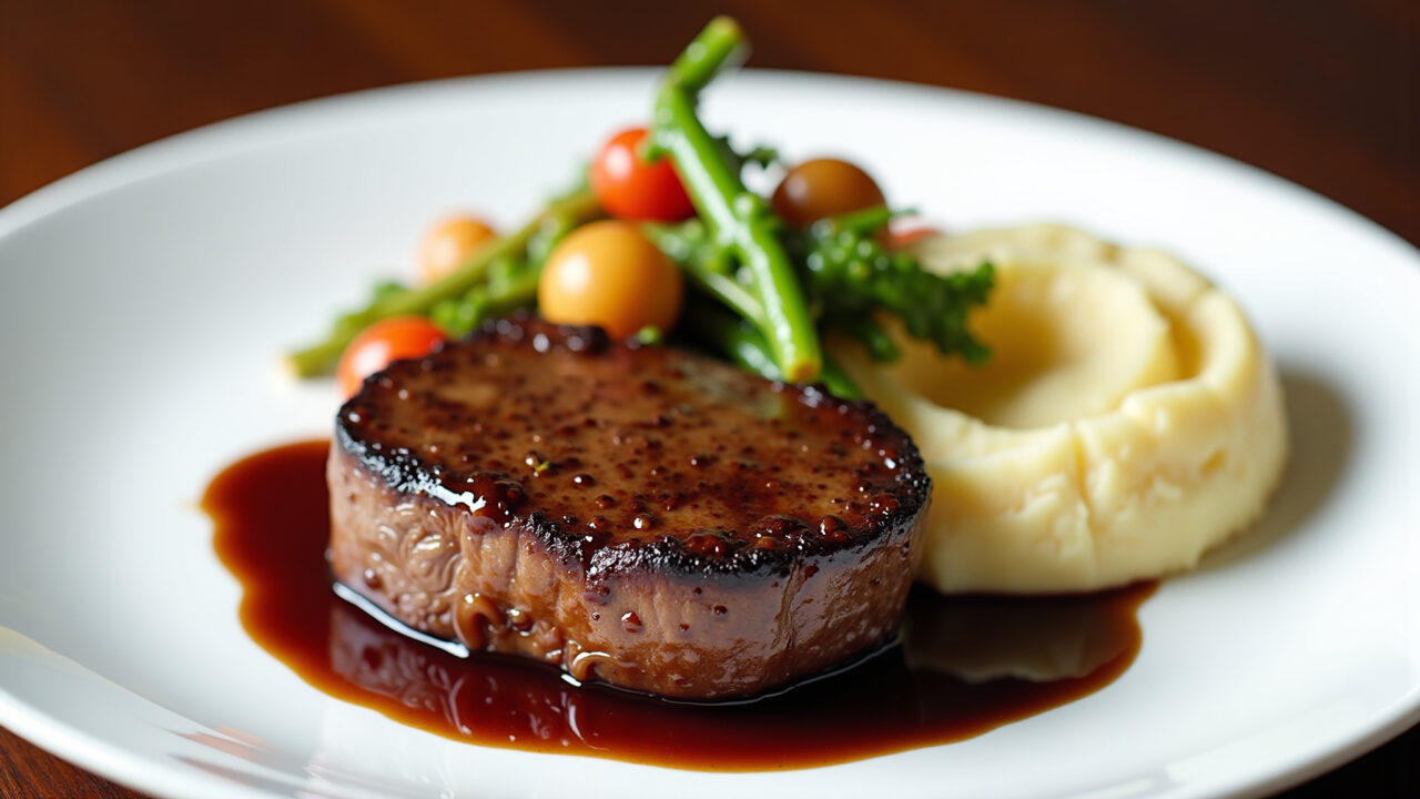 Elegant steak with madeira sauce, mashed potatoes, sauteed vegetables, professional photography, 8k Bife com molho madeira para um jantar elegante.