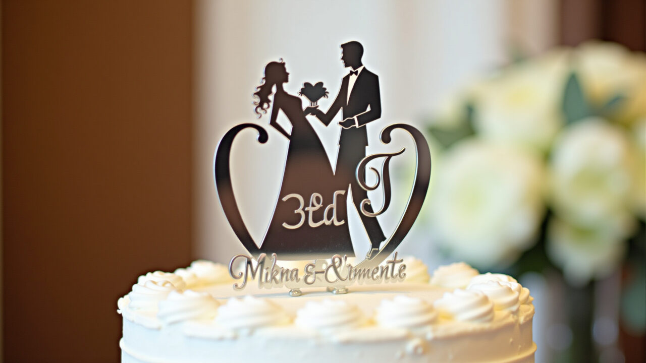 Elegant wedding cake topper with initials of the bride and groom in mirrored acrylic, romantic Topper de bolo de casamento com iniciais em acrílico espelhado.