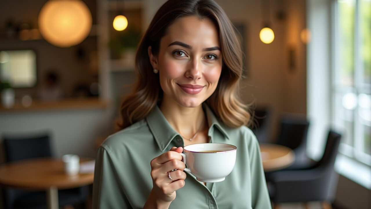 Elegant woman holding a delicate cup of white tea in a sophisticated Brazilian tea room, soft Mulher elegante apreciando chá branco em sala de chá.