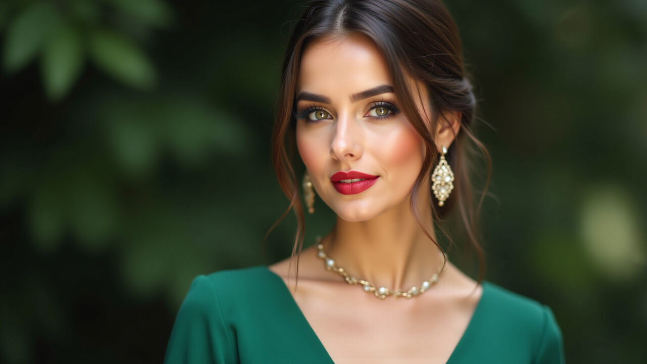 Maquiagem para vestido verde esmeralda: sombra dourada e batom vermelho.