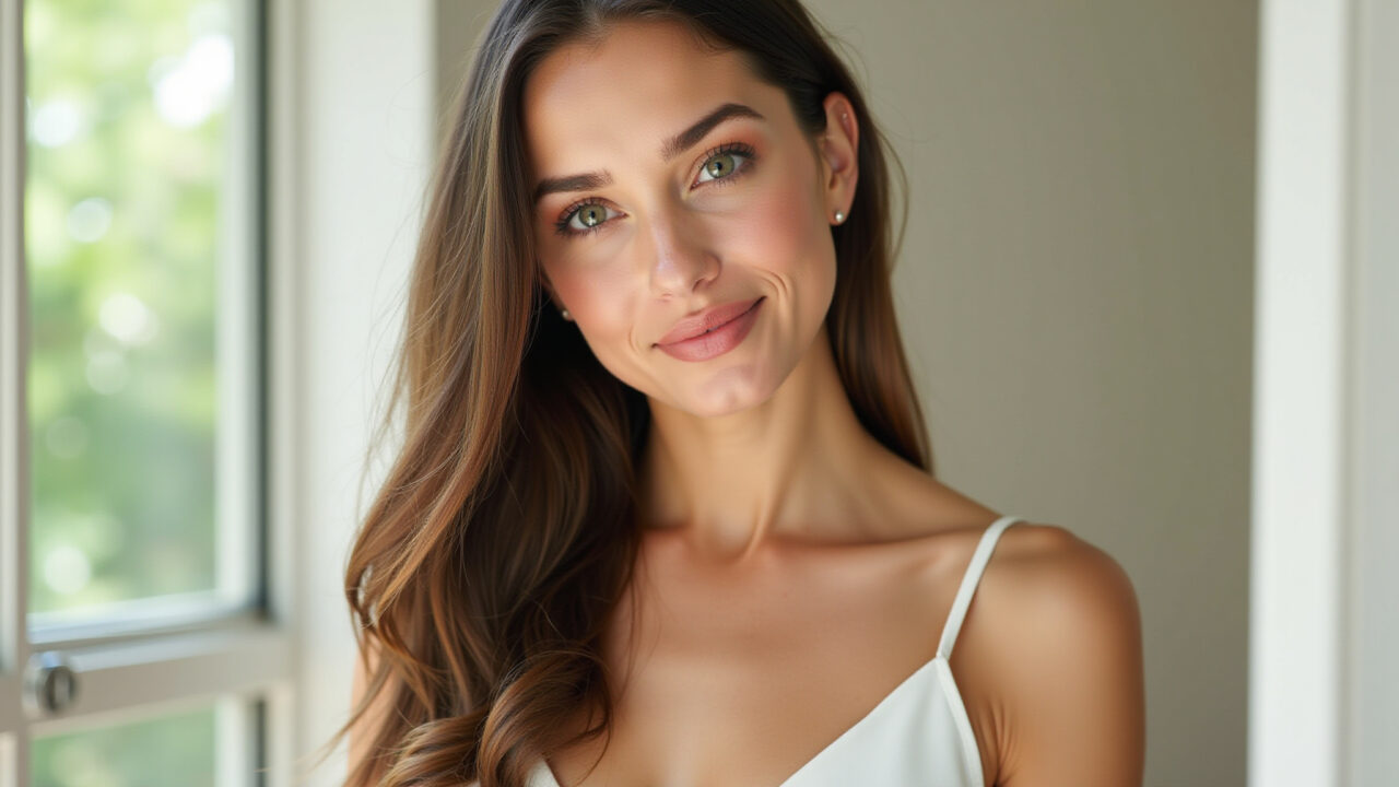 Maquiagem suave para pele clara com vestido branco.