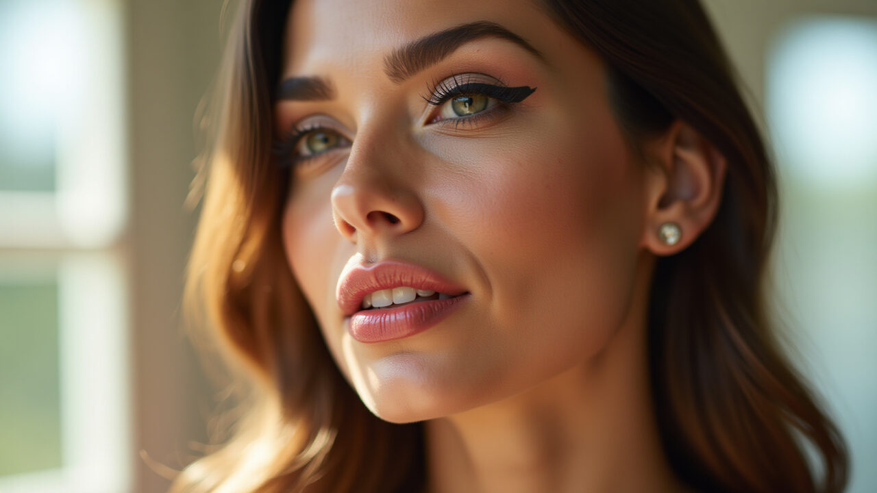 Elegant woman with Nyx Monte Carlo lipstick, illuminated skin, cat eyeliner, Brazilian style, Mulher elegante com batom Nyx Monte Carlo e delineado gatinho.