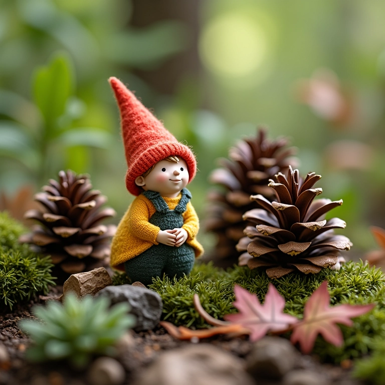 Elementos naturais em jardim de fadas: pinhas e folhas.