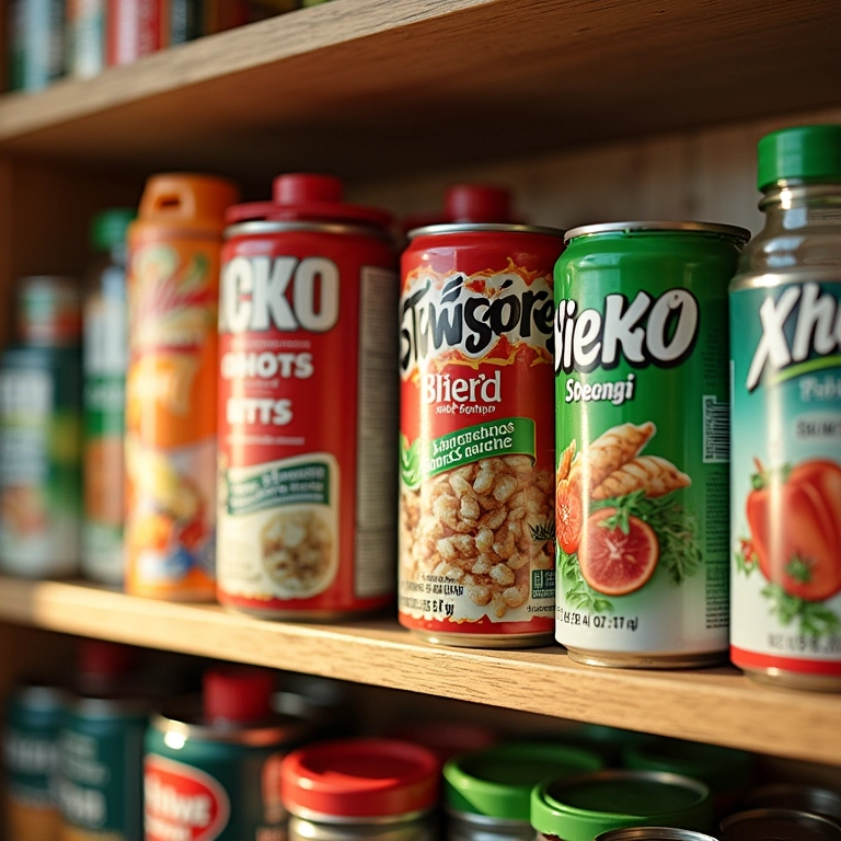 Embalagens de alimentos reutilizadas transformadas em organizadores coloridos em uma prateleira.