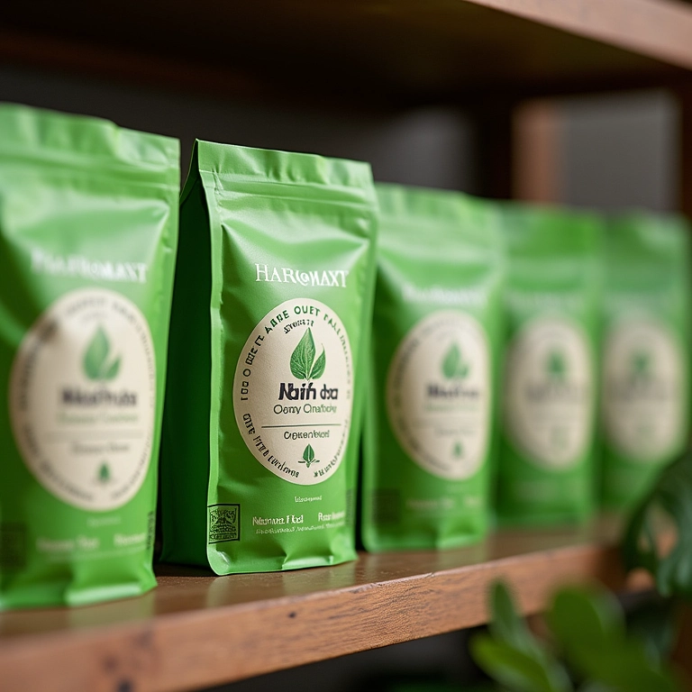 Embalagens de chá verde de alta qualidade em uma prateleira.