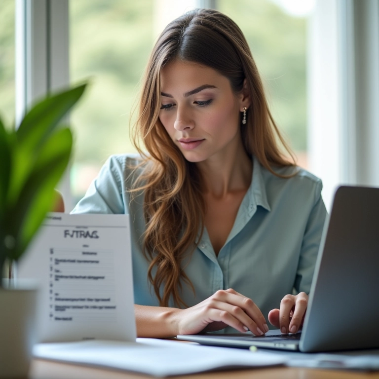 Empresária focada trabalhando no laptop, com agenda de blocos de tempo.