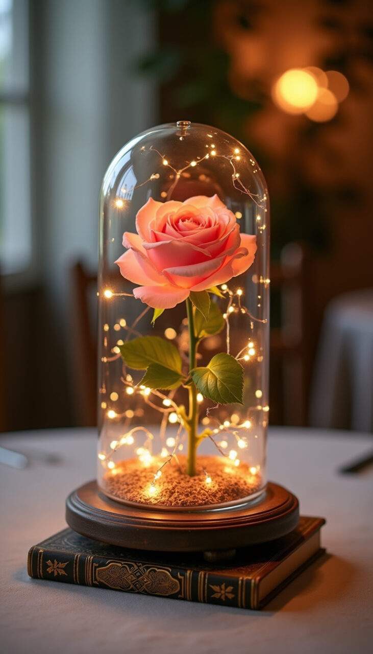 Enchanted rose centerpiece, glass dome, soft LED lights, antique book base, elegant party decor, 8K Centro de mesa com a rosa encantada para festa A Bela e a Fera.