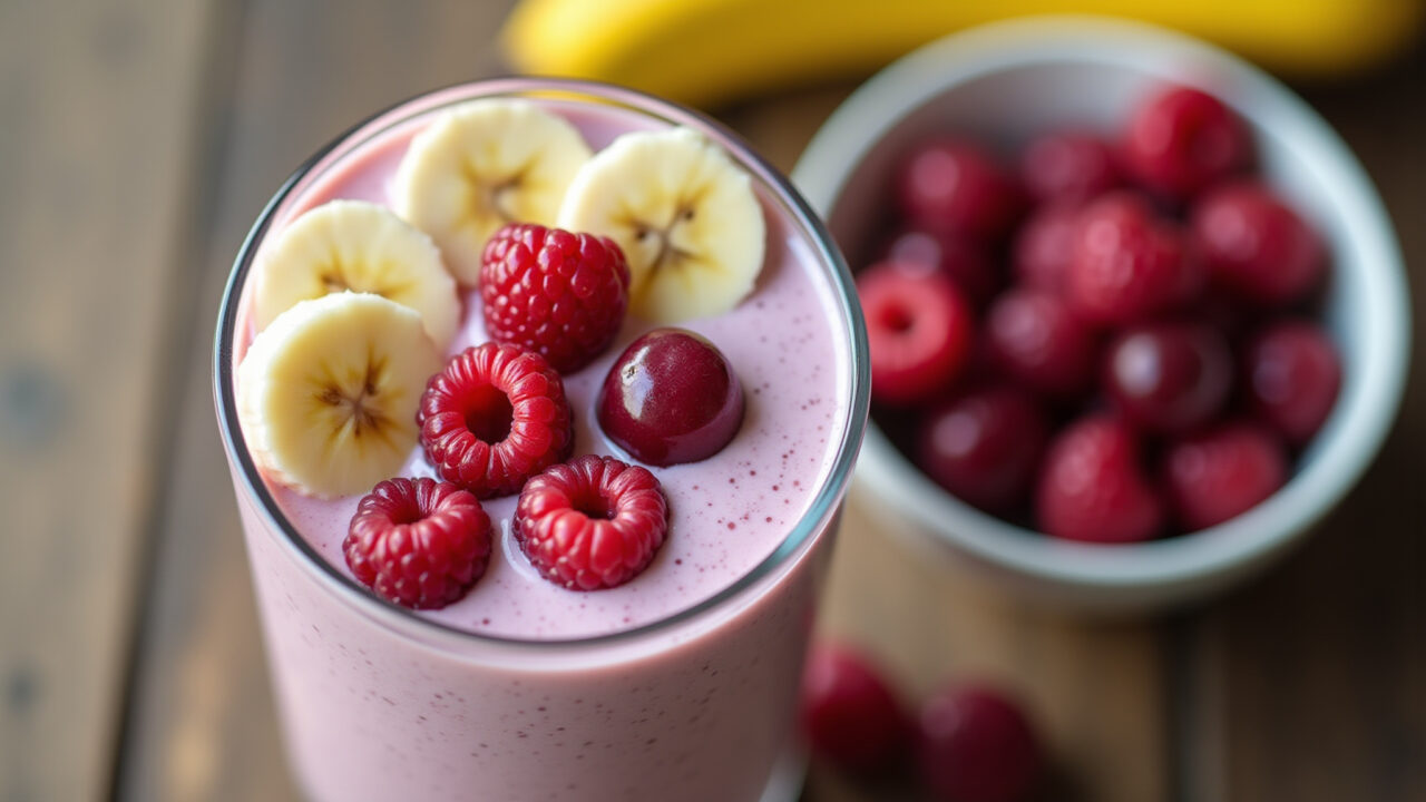 Energizing breakfast smoothie with natural yogurt, vibrant red berries, banana slices. Natural Smoothie de iogurte natural com frutas vermelhas e banana, café da manhã energético.