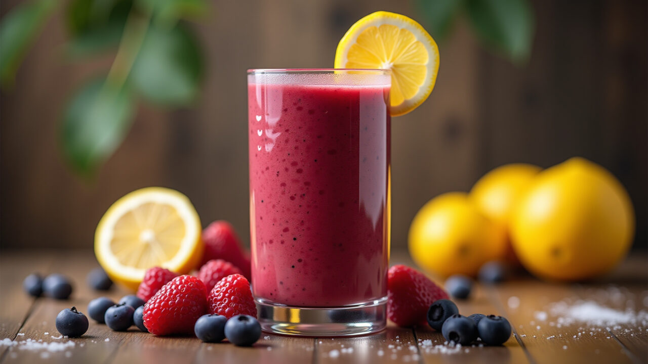 Energy smoothie with honey and red fruits, vibrant colors, Brazilian fruits, 8k, professional Smoothie energético com mel e frutas vermelhas.